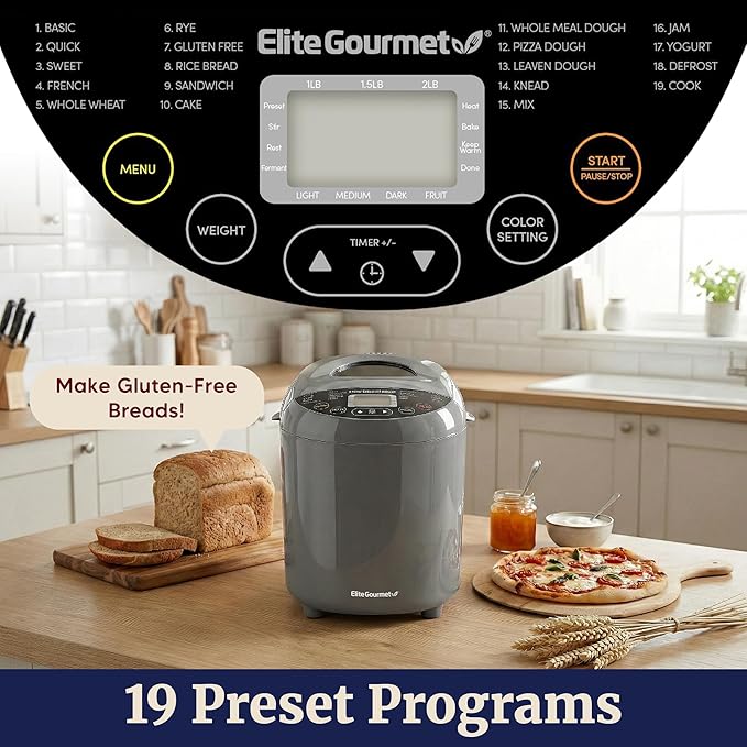 Elite Gourmet Programmable Bread Maker with PFAS-Free CERALAST™ Ceramic Pan, 2 lb Loaf, 19 Presets incl. Gluten-Free, 3 Sizes, Delay Timer, Steel Gray