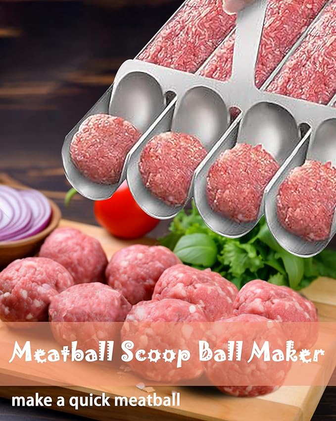 4-in-1 Meatball Maker Tool, 304 Stainless Steel Meatball Scoop & Mold, Makes 4 Uniform Meatballs at Once, Nonstick Release, Dishwasher Safe, for Pasta, Soup, Meal Prep & Party Appetizers