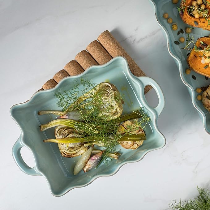 Casafina Ceramic 13.5" x 8.5" Rectangular Ruffled Baker - Cook & Host Collection, Robin's Egg Blue | Oven & Dishwasher Safe Bakeware | Food Safe Glazing | Restaurant Quality Dinnerware