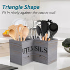 Suli Extra Large Kitchen Utensils Holder with 3 Compartments,Corner Shelf,Wooden Utensil Organizer for Kitchen Countertop, Farmhouse Decor, Rustic Cooking Utensil - Grey grain