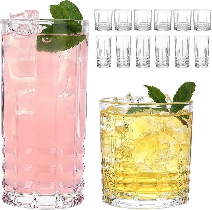 Moretoes Drinking Glasses Set of 12, 6 Highball Glasses 12oz,6 Rocks Glasses 10oz,Mixed Drink Cocktail Glass, Vintage Embossed Glassware Sets for Whiskey,Mocktails, Water & Juice Drinkware