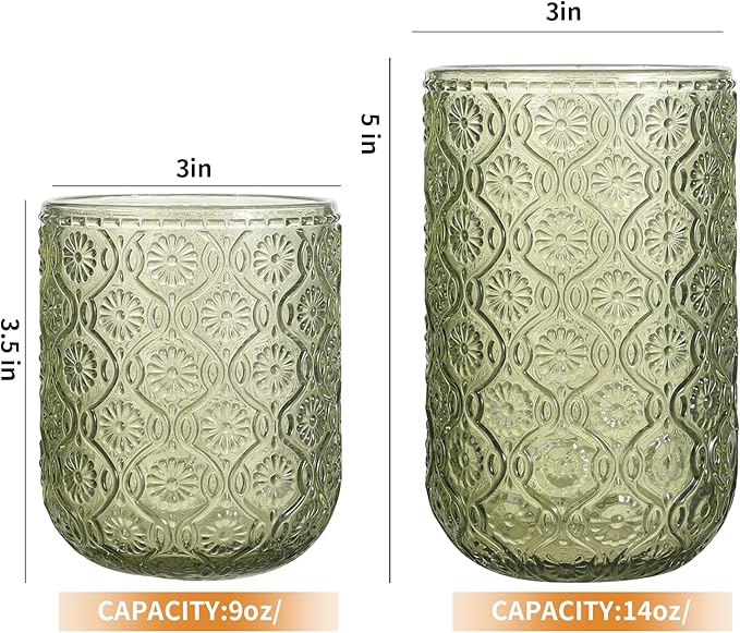Set of 8 Vintage Embossed Glassware,4 Highball Glasses 14oz & 4 Rocks Drinking Glasses 9oz, Art Deco, for Wine, Water, Cocktail, Juice, Whiskey, Gift (Green)