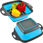 Square Collapsible Colander with Handles – Blue Square Silicone Kitchen Strainers with Plastic Handles Foldable Kitchen Strainer Perfect for Draining Pasta Vegetable and Fruit Blue