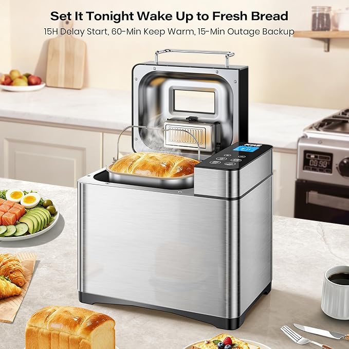 KBS Pro 710W 2LB Bread Maker, Stainless Steel 17-in-1 Smart Bread Machine with Healthy Ceramic Pan, Automatic Nut Dispenser, Tempered Glass Touch Panel, 3 Crust Colors, 15H Timer& Keep-Warm, Recipes