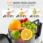 Sunvivi Cold Press Juicer with 5.9" Wide Feed Chute, 250W Slow Masticating Juicer Machines Fit Whole Vegetables & Fruits, Easy to Clean, Dual-Layer Strainer, High Yield Juicer for Home, Black
