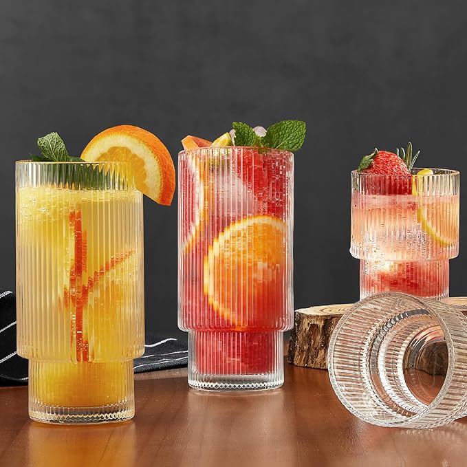 Qipecedm 6 Pack Ribbed Drinking Glasses, 16 oz Vintage Glass Cups, Highball Glasses, Premium Iced Coffee Glasses, Clear Glass Tumbler, Cocktail Glasses, Elegant Glassware for Water Juice Whiskey Beer