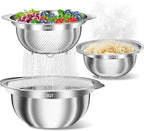 Stainless Steel Colanders with Mixing Bowl - 2.0QT & 2.0QT Strainer and Colander with Handle, 3.0QT Nesting Kitchen Bowl with Colander For Pasta, Vegetables, Fruit, Rice, 3PCS