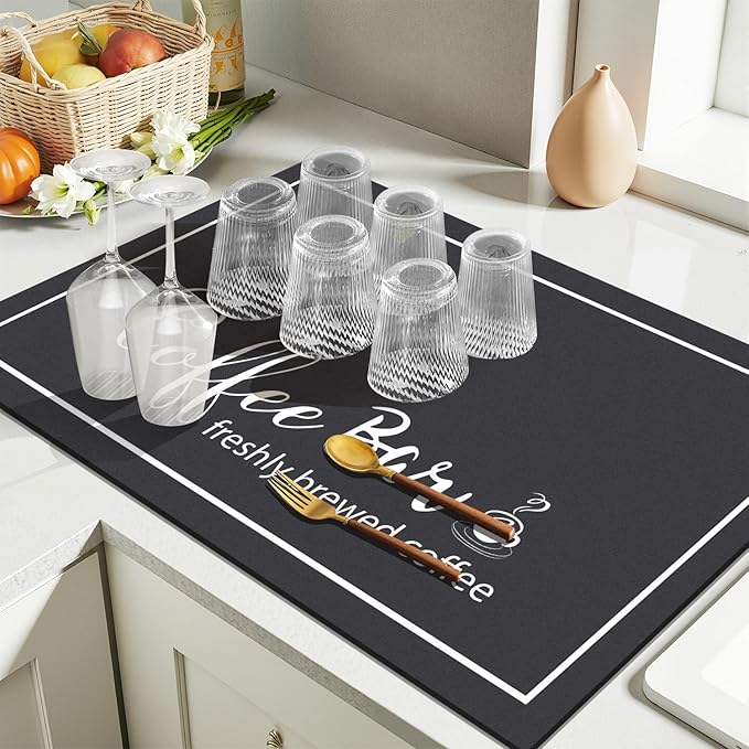 Findosom Dish Drying Mat, 17"x 32" Super Absorbent & Hide Stain Coffee Mat, Cuttable Drying Mat for Kitchen Counter, Coffee Bar Accessories, Under Dish Rack, Coffee Maker, Espresso Machine, Black