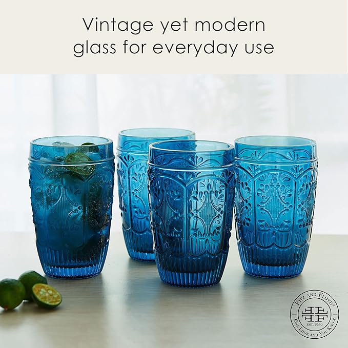 Fitz & Floyd Fitz and Floyd Trestle Highball Tumbler Cups, Set of 4, Blue