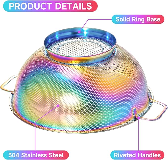 2PCS Rainbow Strainer for Kitchen, 3QT and 5QT, Stainless Steel Colander with Handle for Fruits Vegetables Cooking Food, Dishwasher Safe