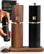 Wooden Salt and Pepper Grinder Set – Refillable Manual Salt and Pepper Mills with Adjustable Ceramic Burrs, Gold Detailing, and Wood Stand – Black and Dark Wood