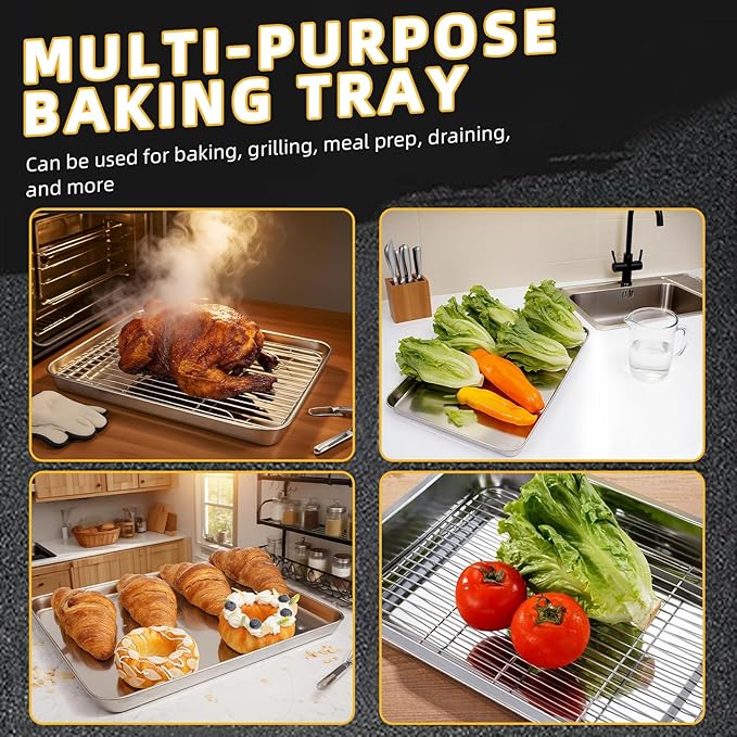 4-Piece Baking Sheet Set with Cooling Rack, Stainless Steel Cookie Sheets & Baking Pans Set, Non-Stick Cookie Trays for Oven Roasting & Food Prep, BPA-Free 10/12/16 Inch