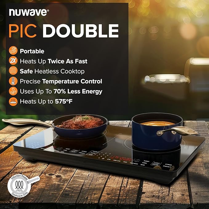 Nuwave Double Pro Cooktop Induction Countertop Burner, Portable, 900/1500/1800W with Dynamic Watt Technology, 50°F to 575°F, 8” Heating Coil, Shatter-Proof Ceramic Glass, Seamless IMD Touch Panel