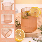 Physkoa Peach Ribbed Drinking Glasses Set of 6 – 9oz Vintage Peach Glassware, Embossed Ribbed Tumbler Cups for Juice, Water, Iced Coffee, Cocktail