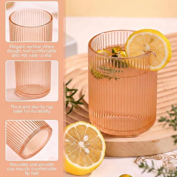 Physkoa Peach Ribbed Drinking Glasses Set of 6 – 9oz Vintage Peach Glassware, Embossed Ribbed Tumbler Cups for Juice, Water, Iced Coffee, Cocktail
