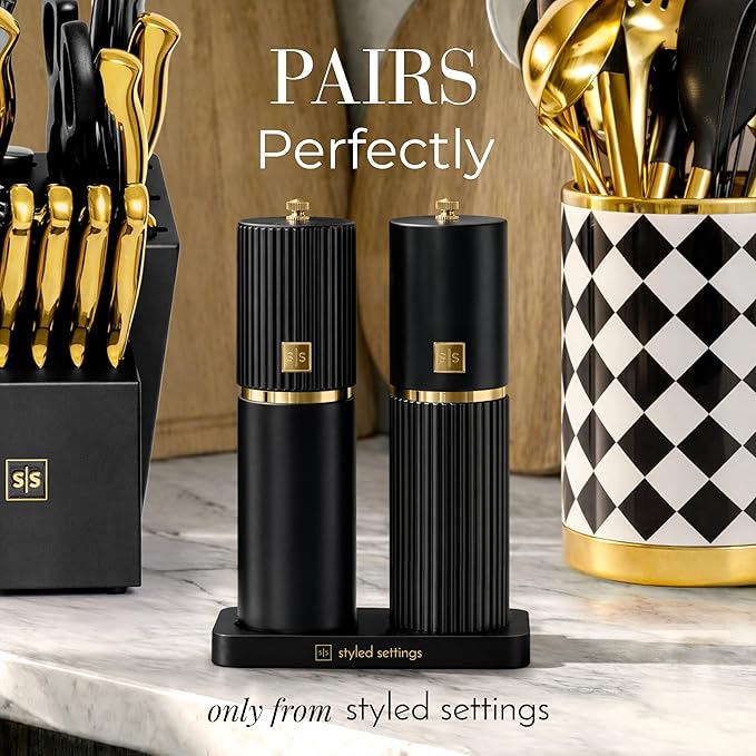 Wooden Salt and Pepper Grinder Set – Refillable Manual Salt and Pepper Mills with Adjustable Ceramic Burrs, Gold Detailing, and Wood Stand – Black
