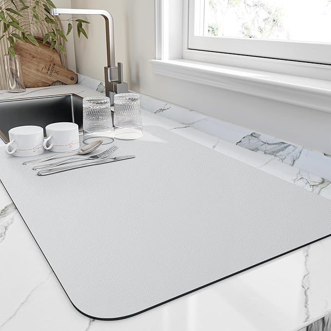 HotLive Dish Drying Mat for Kitchen Counter, Heat Resistant Drainer Mats with Non-slip Rubber Backed, Hide Stain Kitchen Super Absorbent Draining Mat, Easy to Clean Dish Rack Pad, Light Grey 18"x24"