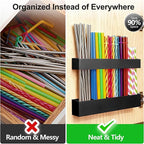 9.5” Large Acrylic Straw Holder for Cabinet Door, Reusable Adjustable Two-Part Straws Organizer with Ultra Sticky Adhesive Strips, 2026 Straw Storage for Kitchen Cupboard (Black)
