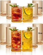 Ribbed Glassware Vintage Drinking Glasses 12Pcs Set （6 Highball Glasses 16Oz And 6 Rocks Glasses 13Oz） Amber Ribbed Glass Cups For Iced Coffee, Cocktails, Juice, Beer, Everyday Drinking