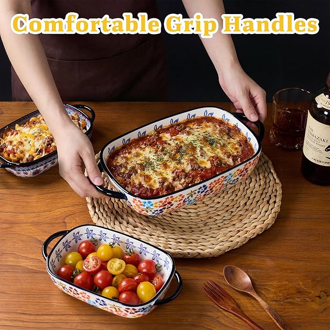 Ceramic Casserole Dishes for Oven, Hand-painted Polish Pottery Baking Dish Set of 2, 0.8QT / 2QT Porcelain Casserole Dish with Handles, Baking Pan Lasagna Pan, Gift for Family/Friend (Yellow)
