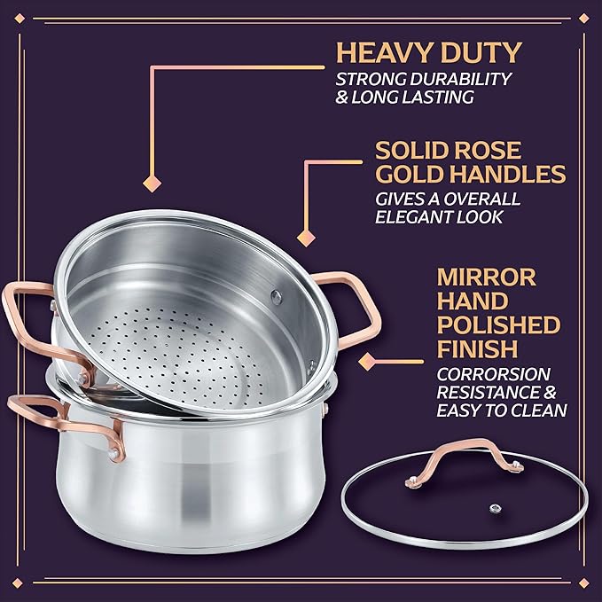 CONCORD Premium Stainless Steel 2 Tier Steamer w/Rose Gold Handles 22 cm
