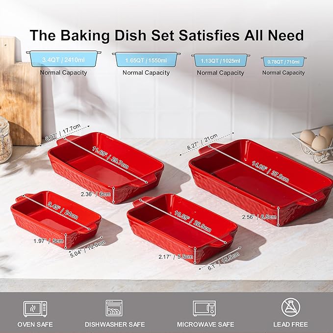 Dafuceramic Casserole Dishes for Oven, Baking Dishes, Ceramic Bakeware Sets of 4, Rectangular Baking Pan Set with Handles for Baking, Casserole, Kitchen, Wedding Gift (Red)