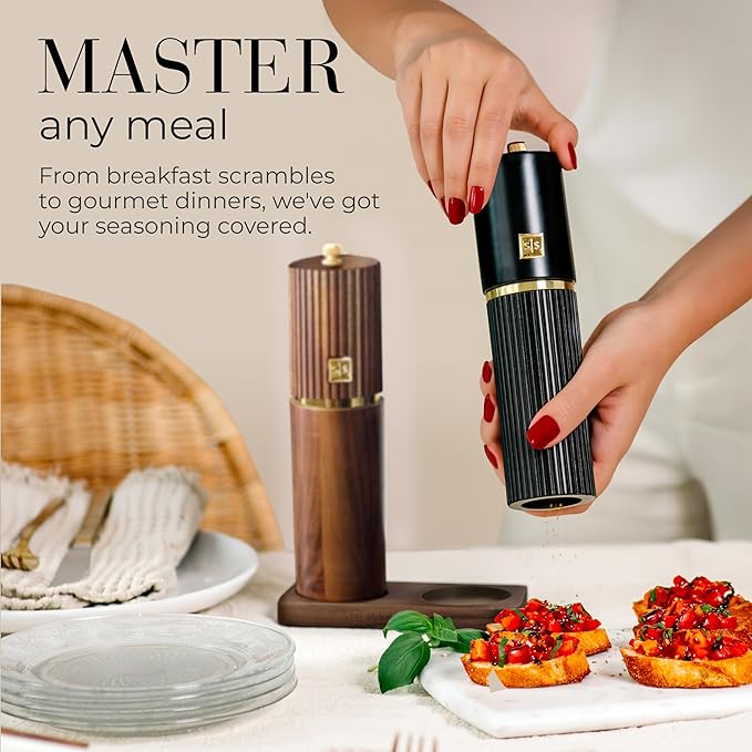 Wooden Salt and Pepper Grinder Set – Refillable Manual Salt and Pepper Mills with Adjustable Ceramic Burrs, Gold Detailing, and Wood Stand – Black and Dark Wood