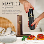 Wooden Salt and Pepper Grinder Set – Refillable Manual Salt and Pepper Mills with Adjustable Ceramic Burrs, Gold Detailing, and Wood Stand – Black and Dark Wood