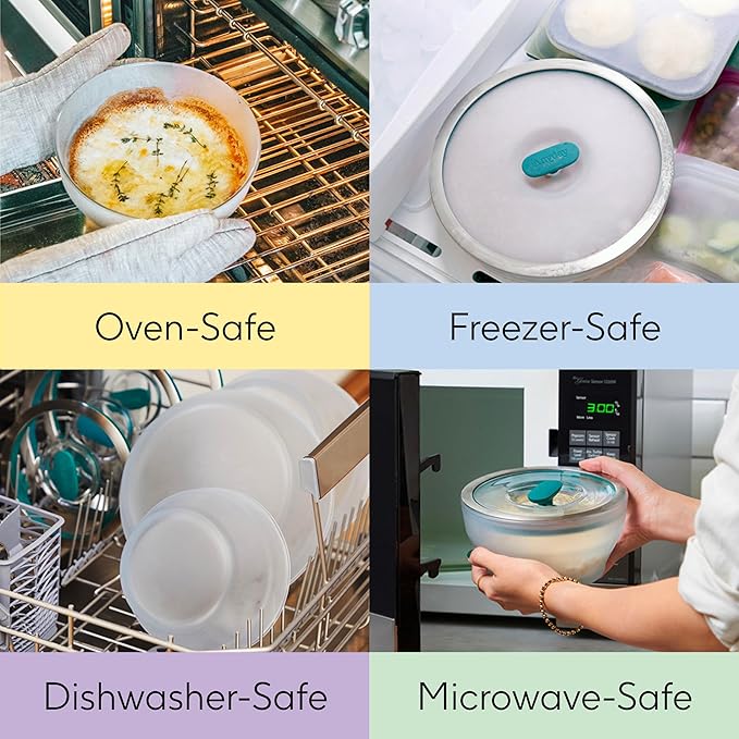 Anyday 4-Cup Glass Food Storage with Glass Lid, Round Deep Dish | Plastic-Free Meal Prep & Microwave Cookware | Stackable Airtight Storage Container with Vented Lid for Microwave-Safe Reheating