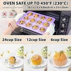2 Pack Silicone Muffin Pan 12 and 24 Cup with Metal Frame, Non Stick Silicone Mini Cupcake Pan with Handles, BPA Free Silicon Regular Muffin Tin Tray Small for baking, egg bites, Mold Purple