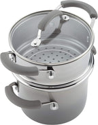 Rachael Ray Brights Sauce Pot/Saucepot with Steamer Insert, 3 Quart, Two-Tone Sea Salt Gray