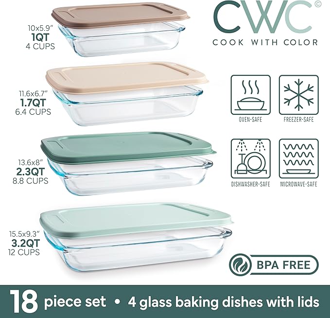 COOK WITH COLOR 8-Piece Deep Glass Baking Dish Set with Plastic Lids – Casserole and Food Storage Containers for Lasagna, Leftovers – Freezer-to-Oven, Microwave & Dishwasher Safe, Mint