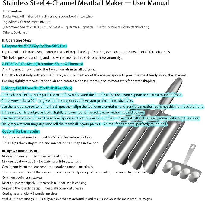 4-in-1 Meatball Maker Tool, 304 Stainless Steel Meatball Scoop & Mold, Makes 4 Uniform Meatballs at Once, Nonstick Release, Dishwasher Safe, for Pasta, Soup, Meal Prep & Party Appetizers