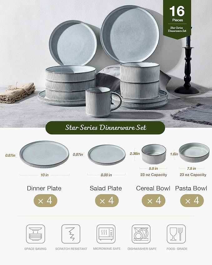 Famiware Star 16-Piece Stoneware Dinnerware Sets, Service for 4 - Shallow Pasta Bowls & Flat Plates, Modern Rustic Reactive Glaze Dishes, Chip/Scratch Resistant, Microwave/Dishwasher Safe, Smoky Blue