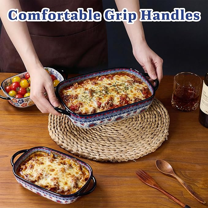 Ceramic Casserole Dishes for Oven, Hand-painted Polish Pottery Baking Dish Set of 2, 0.8QT / 2QT Porcelain Casserole Dishes with Handles, Baking Pan Lasagna Pan, Gift for Family/Friend (Blue)