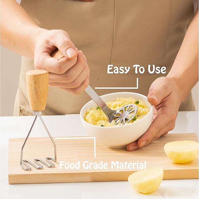 2Pcs Mini Potato Masher,Stainless Steel Mashed Potatoes Masher with wooden handle, Kitchen gadgets Tool for Potatoes, Beans, Meat, Vegetables,space saver (Mini Duo)