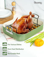 MICHELANGELO Nonstick Ceramic Roasting Pan with Rack, Turkey Roasting Pan with Ceramic Coating, Turkey Roaster Pan with Stainless Steel Rack, 15 Inch x 13 Inch - Green