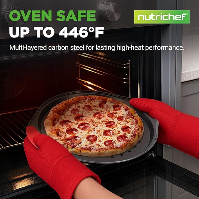 NutriChef 13-Inch Nonstick Pizza Tray - Round Carbon Steel Non-Stick Pizza Pan with Perforated Holes, Premium Bakeware Pizza Screen with Silicone Grip Handles, Dishwasher Safe - NCBPIZ1