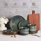 E-far Dinnerware Sets for 8, 24-Piece Stoneware Plates and Bowls Set, Ceramic Dishes Reactive Glaze Dinning Ware, Microwave & Dishwasher Safe - Obsidian Green