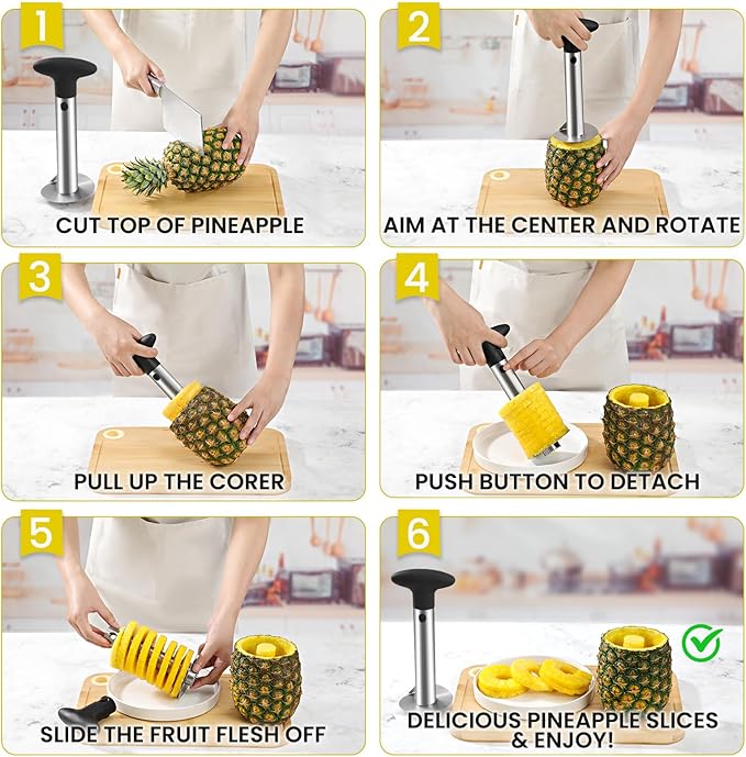 AUBENR Premium Pineapple Corer and Slicer Tool - Sharp Pineapple Cutter with Serrated Tips - Easy to Use and Clean - Stainless Steel Core Remover for Pineapple - Core Fruits with Ease(Black)