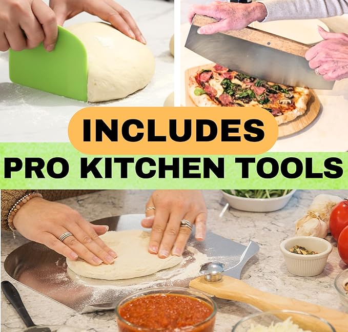 Round Pizza Stone for Oven 16 inch - Large Pizza Stone with Handles, Metal Pizza Peel, Pizza Cutter and Dough Tool - Baking Stone for Oven Bread - Thick Durable Cordierite Baking Stones