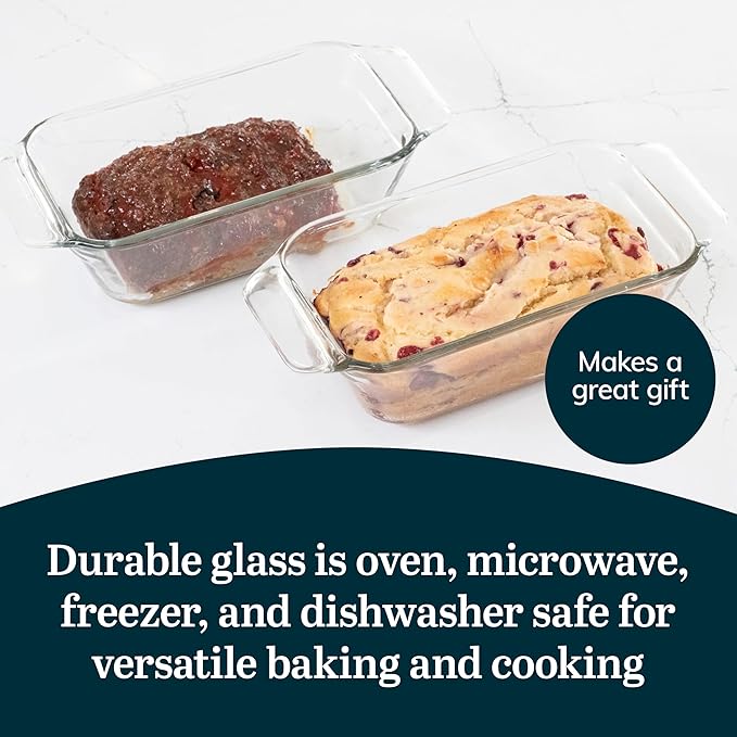 Libbey Baker’s Premium 2 Piece Glass Baking Dish Set, Stackable, Space Saving Glass Bakeware Set, Oven Baking Dish for Bread, Pound Cakes, Meatloaf
