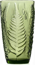 Vintage Green Drinking Glass, 16 oz Hand-Pressed Deep Textured Glass Cup, Fern Embossed Retro Glassware, Decorative Tumbler for Water, Cocktails & Juice, Boho Colored Kitchen Drinkware, Unique Gift
