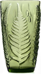 Vintage Green Drinking Glass, 16 oz Hand-Pressed Deep Textured Glass Cup, Fern Embossed Retro Glassware, Decorative Tumbler for Water, Cocktails & Juice, Boho Colored Kitchen Drinkware, Unique Gift