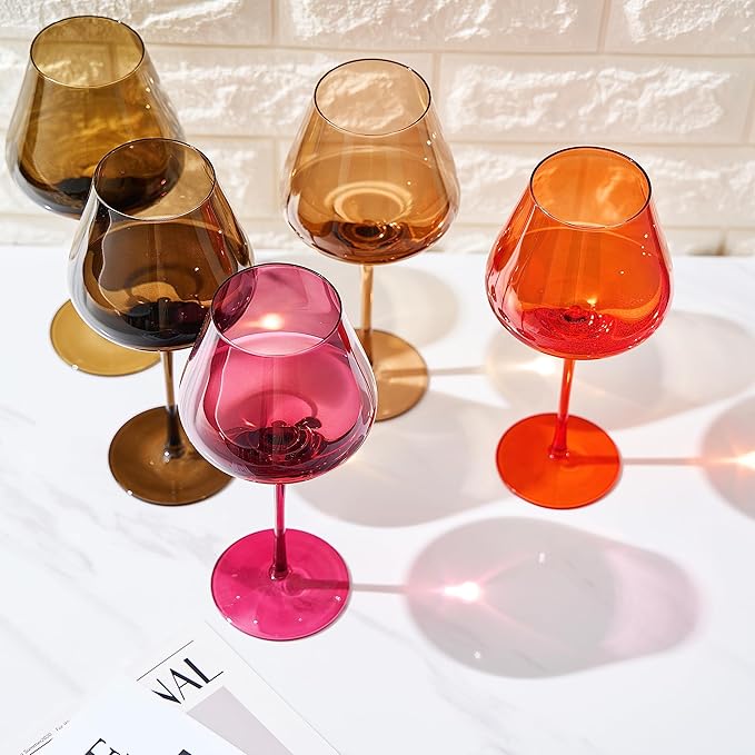 Khen Colored Crystal Wine Glass Set of 5, Large 20 OZ Glasses, Summer Flower Bright Italian Style Tall Stemmed Drinkware for Red & White Wine, Water Dinner Glasses, Color Glassware - (Stemmed)