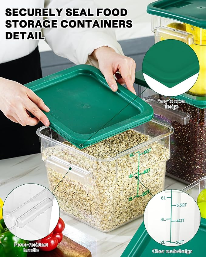 4QT NSF Food Storage Containers: 2 PCS [Food Grade][Hot&Cold Resistant] Commercial Clear Square Food Storage Containers with Scales Handles for Home Restaurant Kitchen Proof Dough(BPA FREE-GREEN)