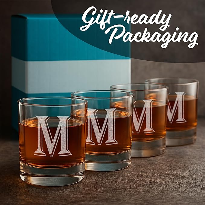 On The Rox (M-Monogram)- 4 Piece Set of 11 Ounce Engraved Heavy Base Rocks Glasses Elegant Glass-Multi-Purpose Beverage-Rocks Glass- Gift for any Occasion