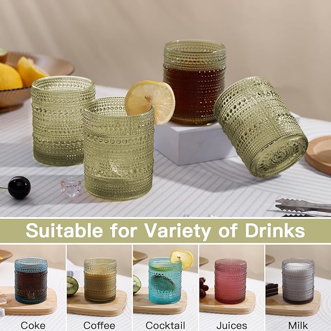 JOVGANK Green Vintage Hobnail Drinking Glasses Set of 6, Embossed Water Tumbler 12oz, Kitchen & Bar Beaded Glass Cups, Beverage Glass Cups for Water, Beer, Juice, Housewarming and Mother's Day Gift