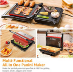 Panini Press Grill, Aigostar 1000W Sandwich Maker with Ceramic Non-stick Plates, Opens 180 Degrees for Any Size Food, 3-in-1 Sandwich Press Electric Grill, Drip Spout & Locking Lid, Red