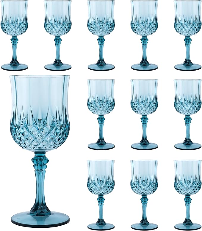 Plastic Wine Glasses, Plastic Goblets Vintage Style Cordial Unbreakable Drinking Glasses, Reusable Drinkware for Wedding Reception, Grand Event Party Supplies (12, Dusty Blue)